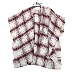 NWT Loft Soft Knit Plaid Poncho Cape Sweater Women's M/L Fringe Boho Festival